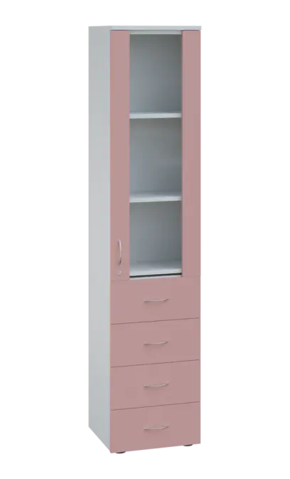 LE - 44 skříň léková prosklená, pravá, korpus bílý, dvířka pastelově růžová